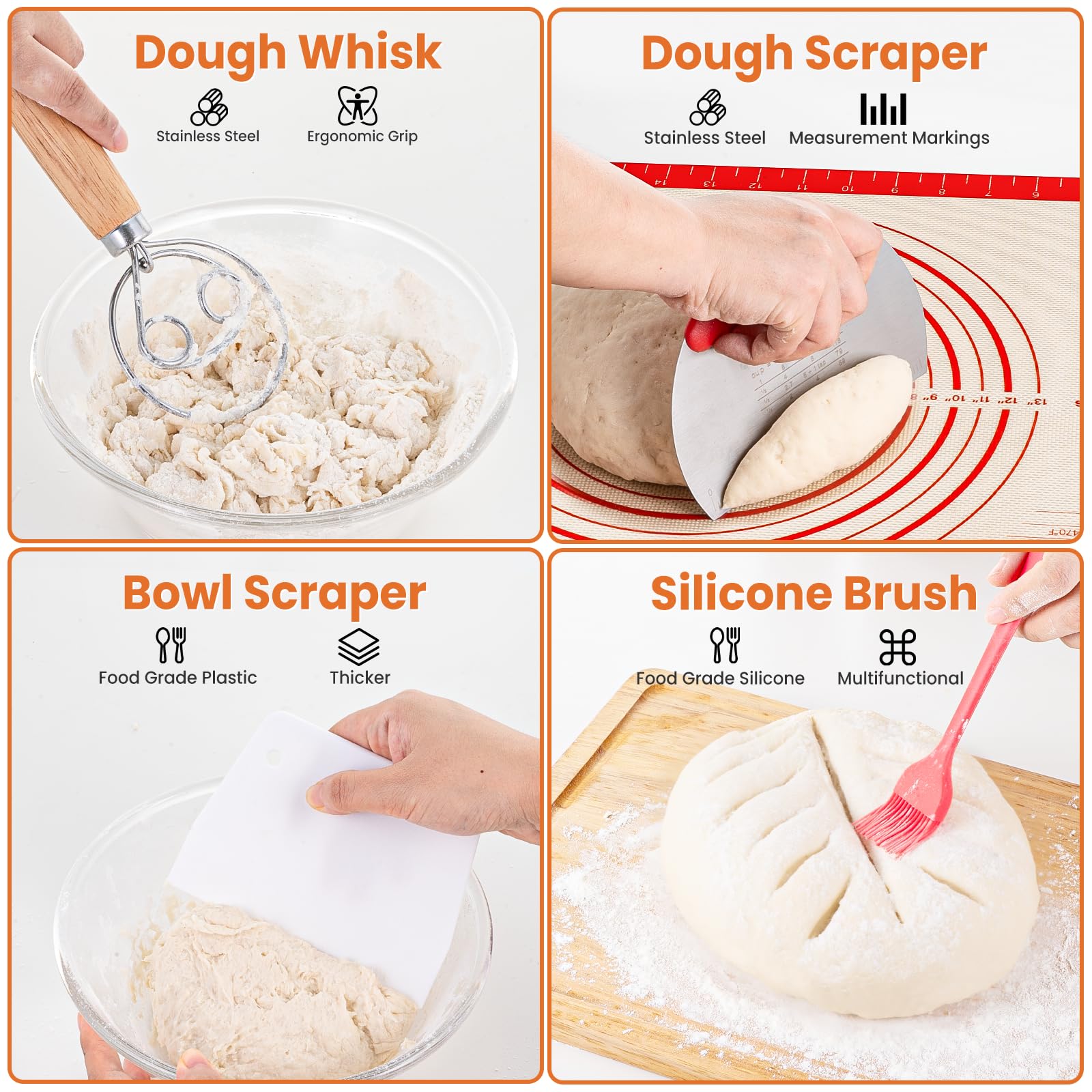TomCare dough whisk and scraper streamline mixing and portioning.