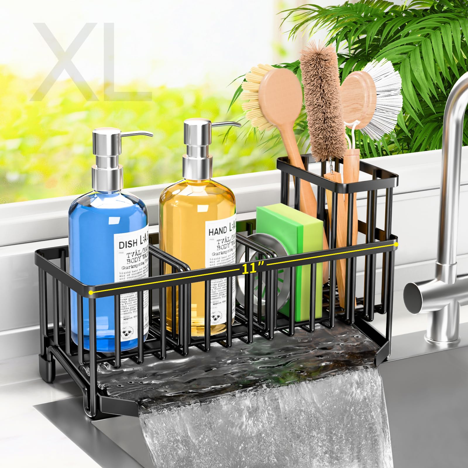 TomCare extra-large sink caddy with drain tray keeps soap and sponge organized near the sink.