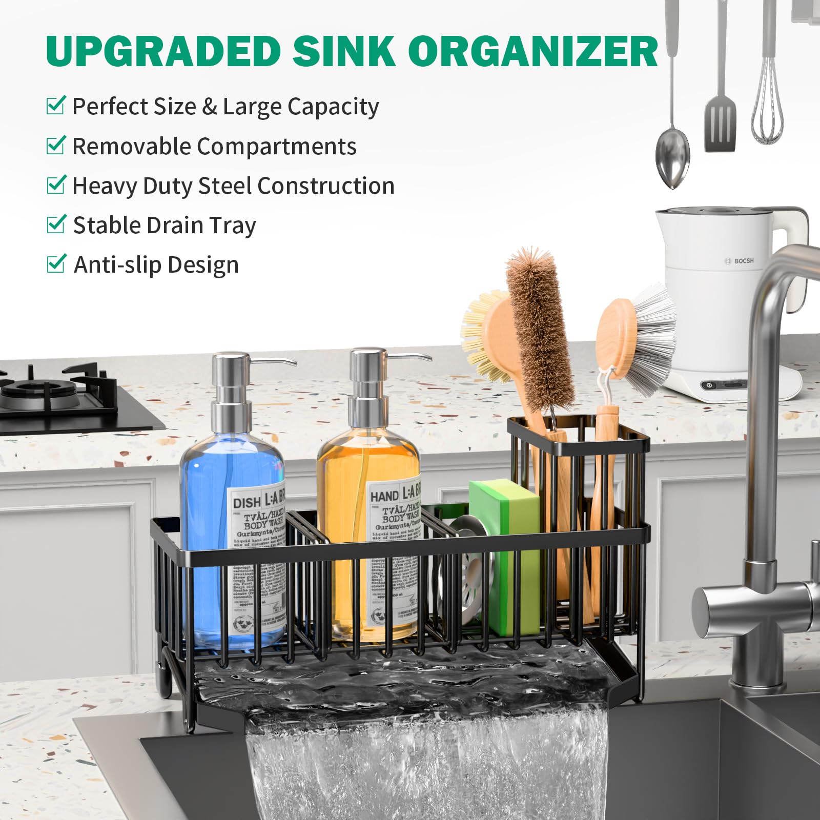 TomCare sink caddy adjustable dividers customize storage for different kitchen tools.