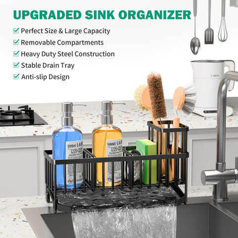 TomCare sink caddy adjustable dividers customize storage for different kitchen tools.