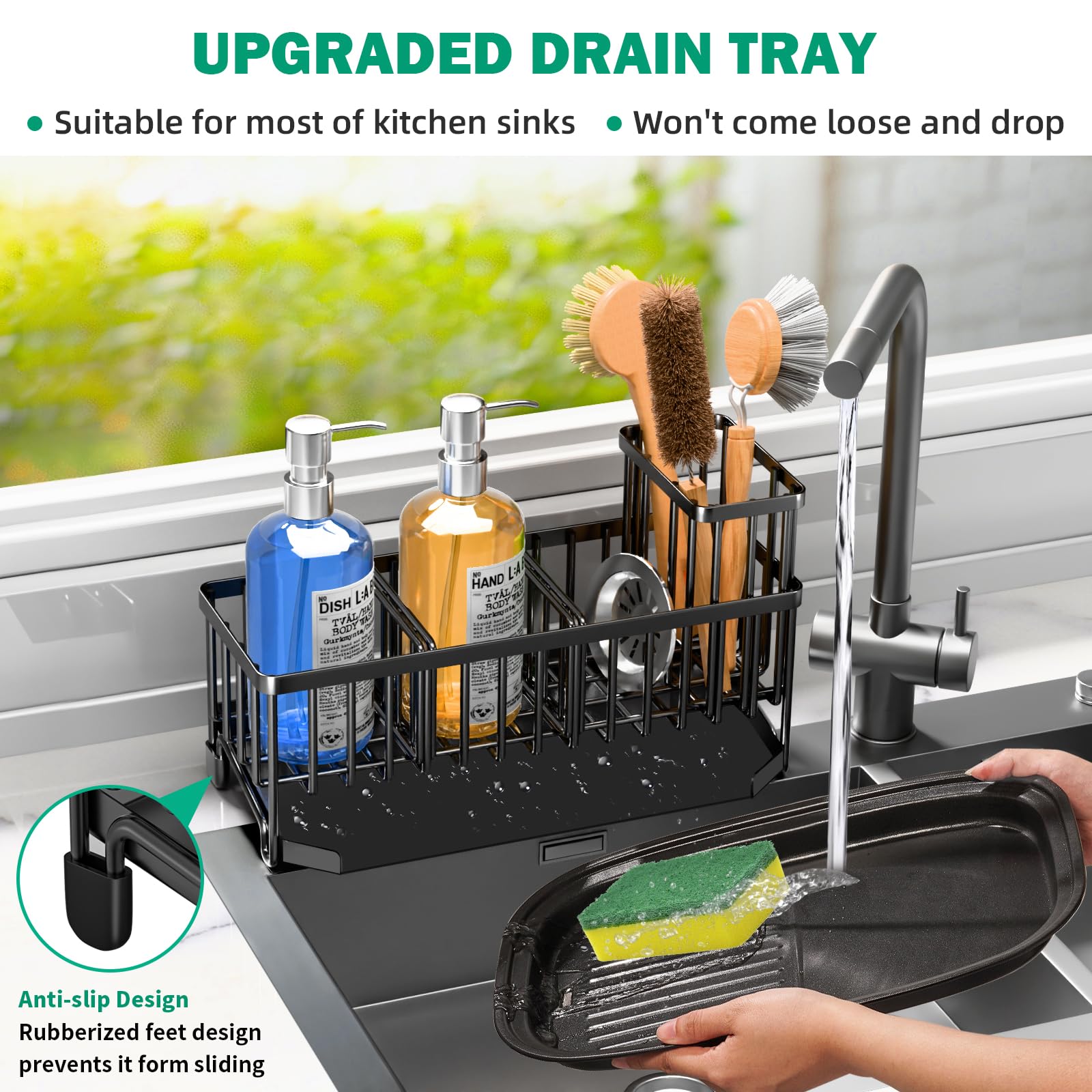 TomCare sink caddy tall brush holder accommodates longer brushes for easy access.