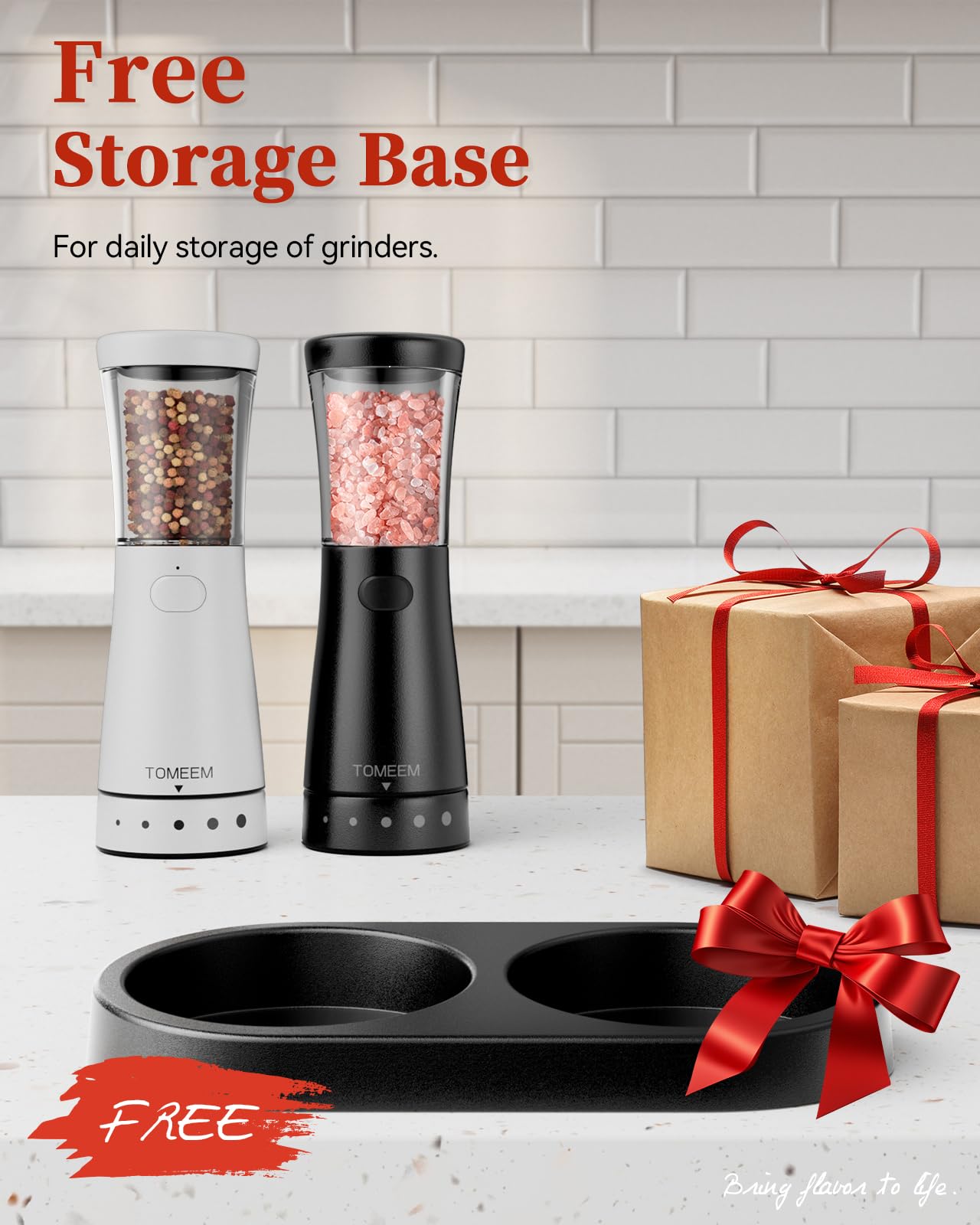 TOMEEM kitchen grinder set shown on a tidy counter for easy access.