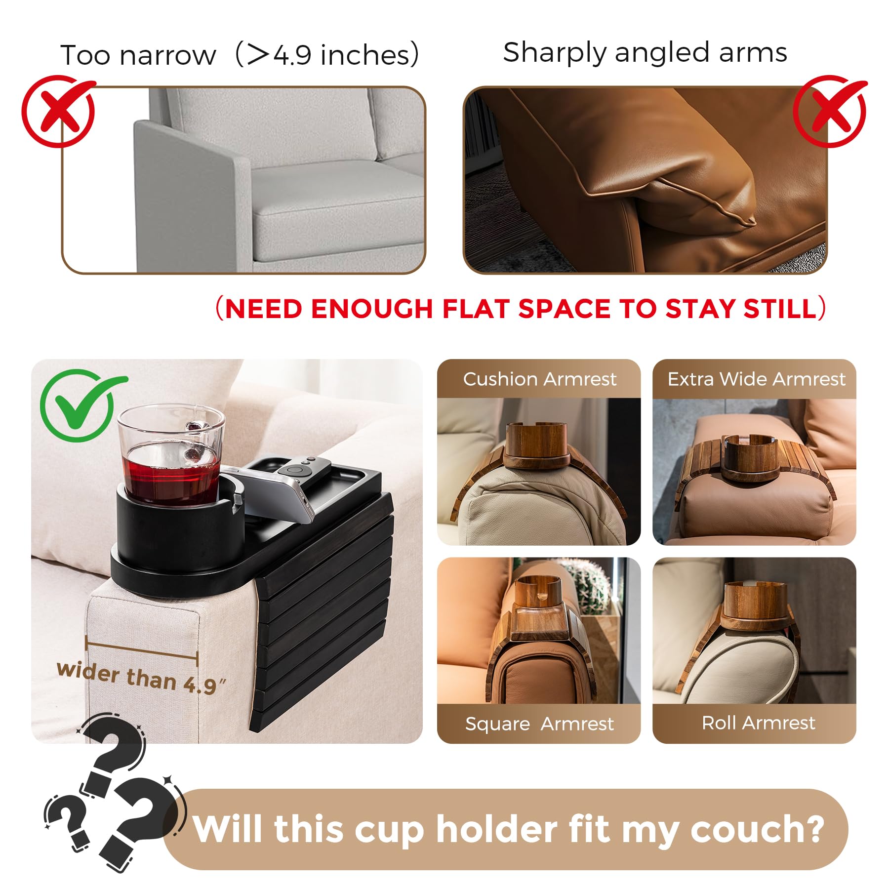 TOMLYOP armrest compatibility guide shows safe fit on wide flat surfaces