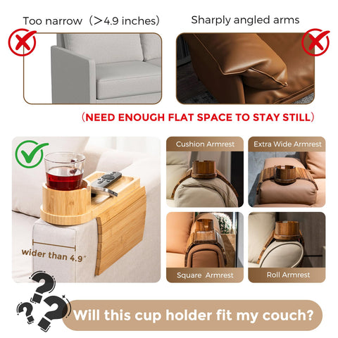 TOMLYOP 3-in-1 bamboo tray on sofa arm keeps remotes handy.