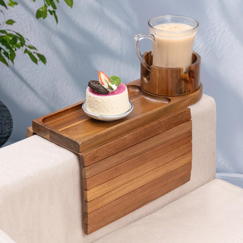 TOMLYOP couch arm tray in acacia wood with 360-degree cup holder for easy reach.