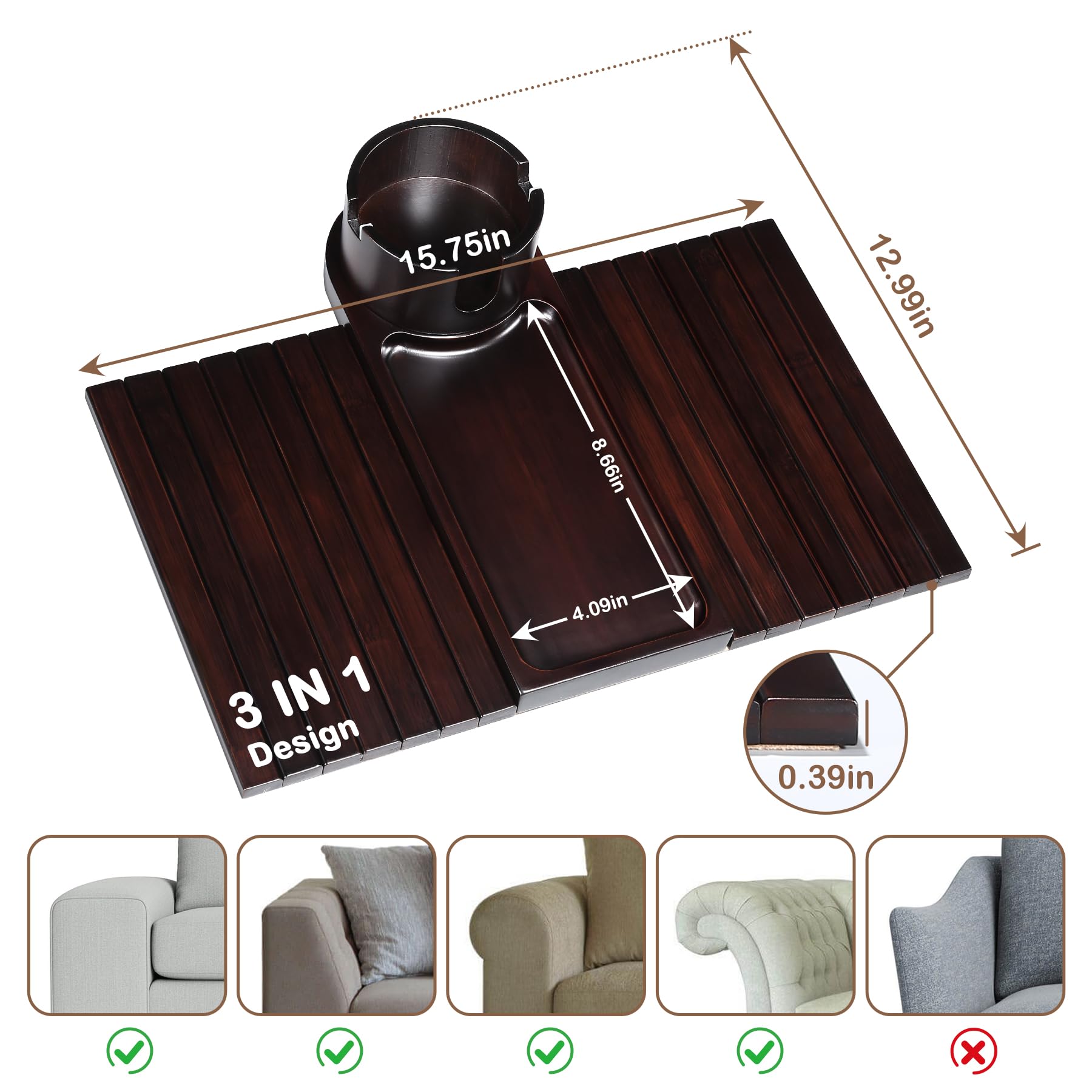 Tomlyop bamboo arm tray showcases 3-in-1 design on walnut finish