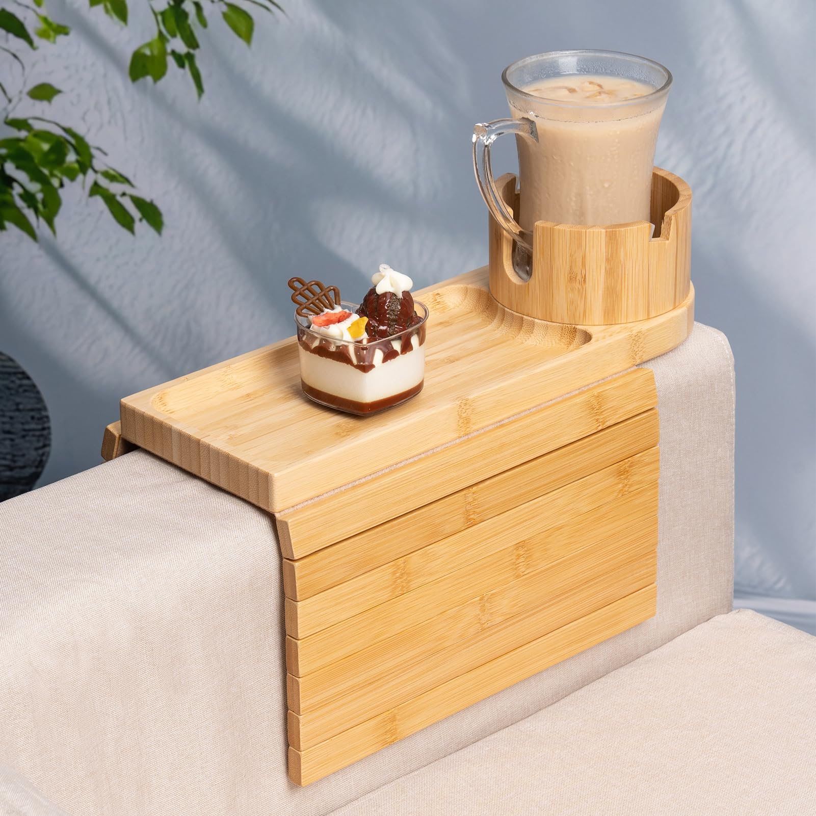 TOMLYOP Couch Arm Tray with open setup for easy sofa organization.