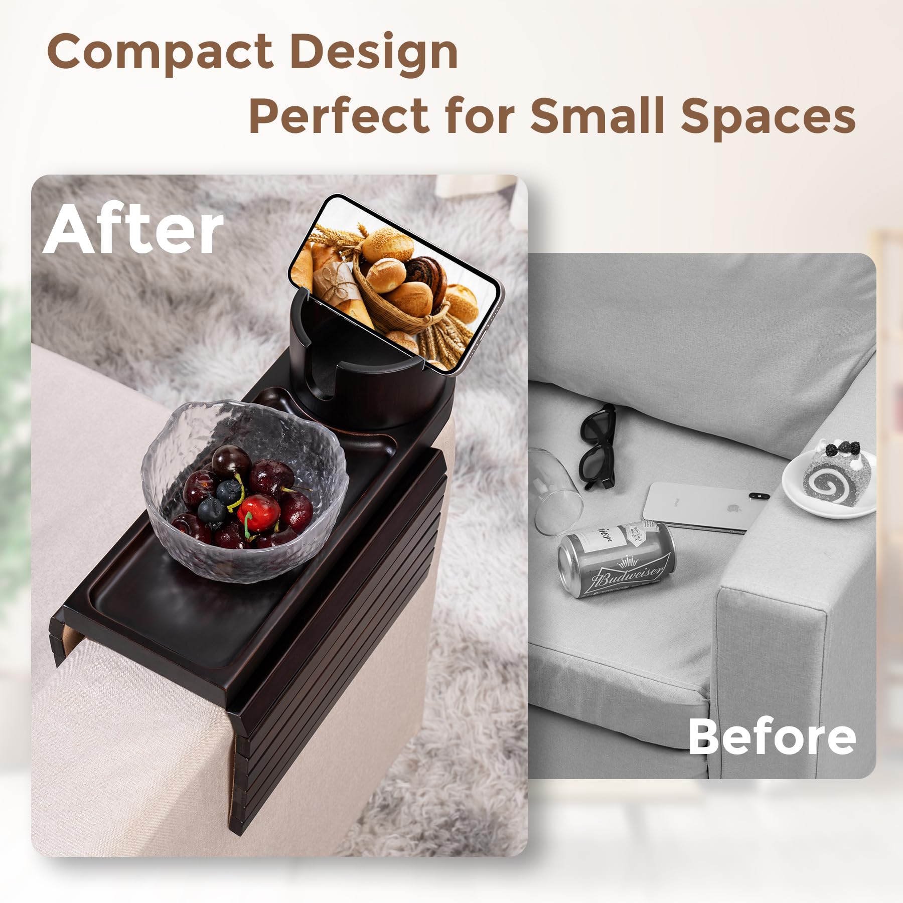 Tomlyop couch tray keeps remote, snacks, and phone neatly organized