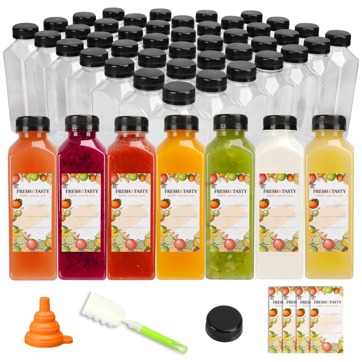 TOMNK 100pcs 16oz bottles with black caps and labels for organized beverage servings