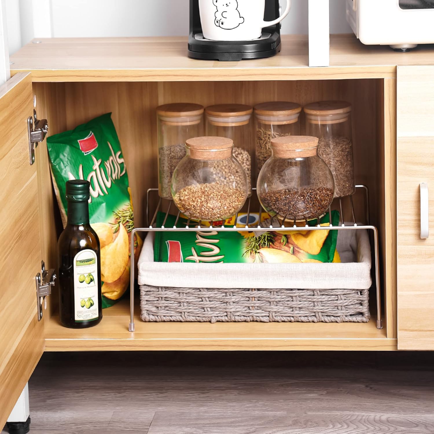 Tomorotec multifunctional organizer fits cabinets, pantries, and countertops.