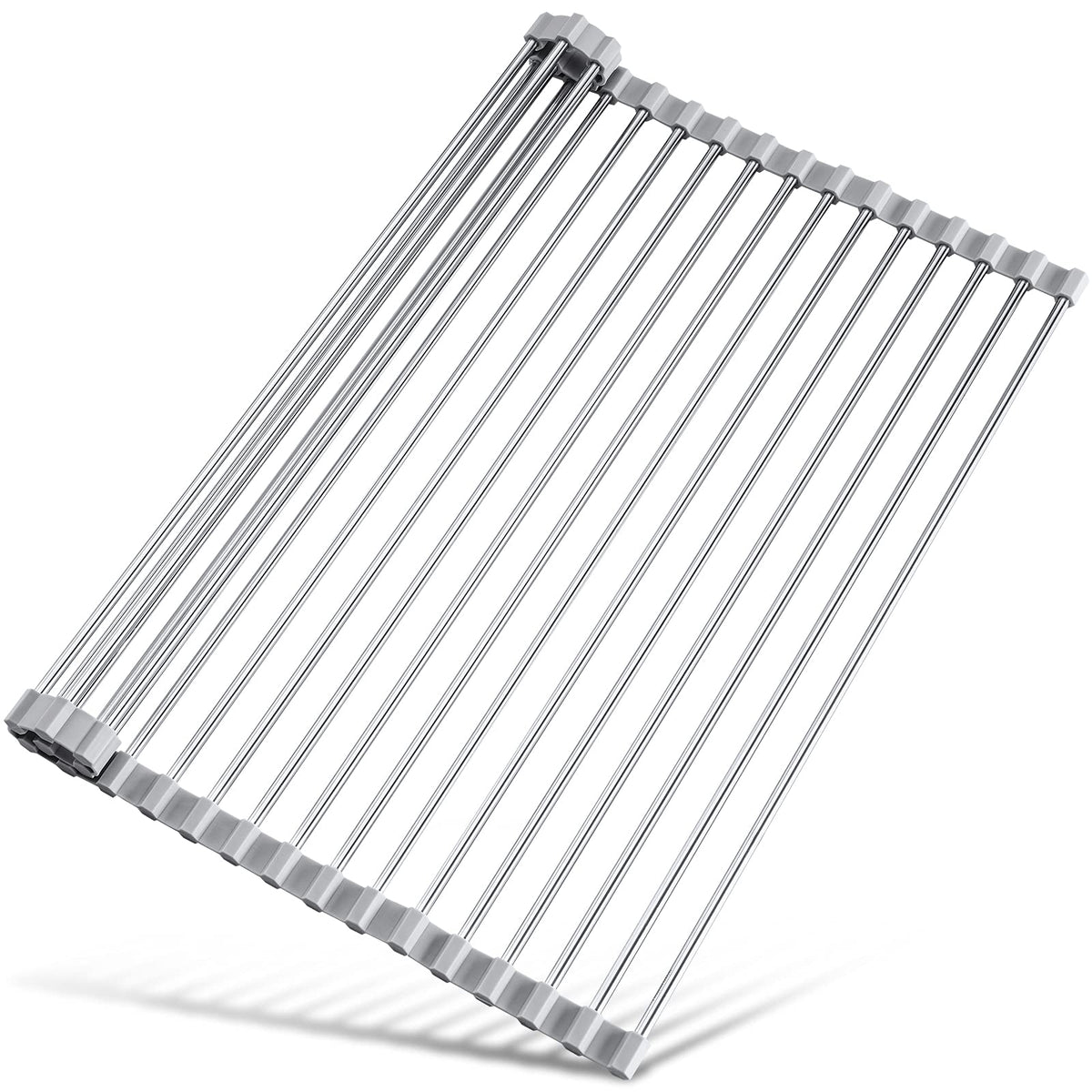 Tomorotec roll-up rack in grey over sink for space-saving dish drying.