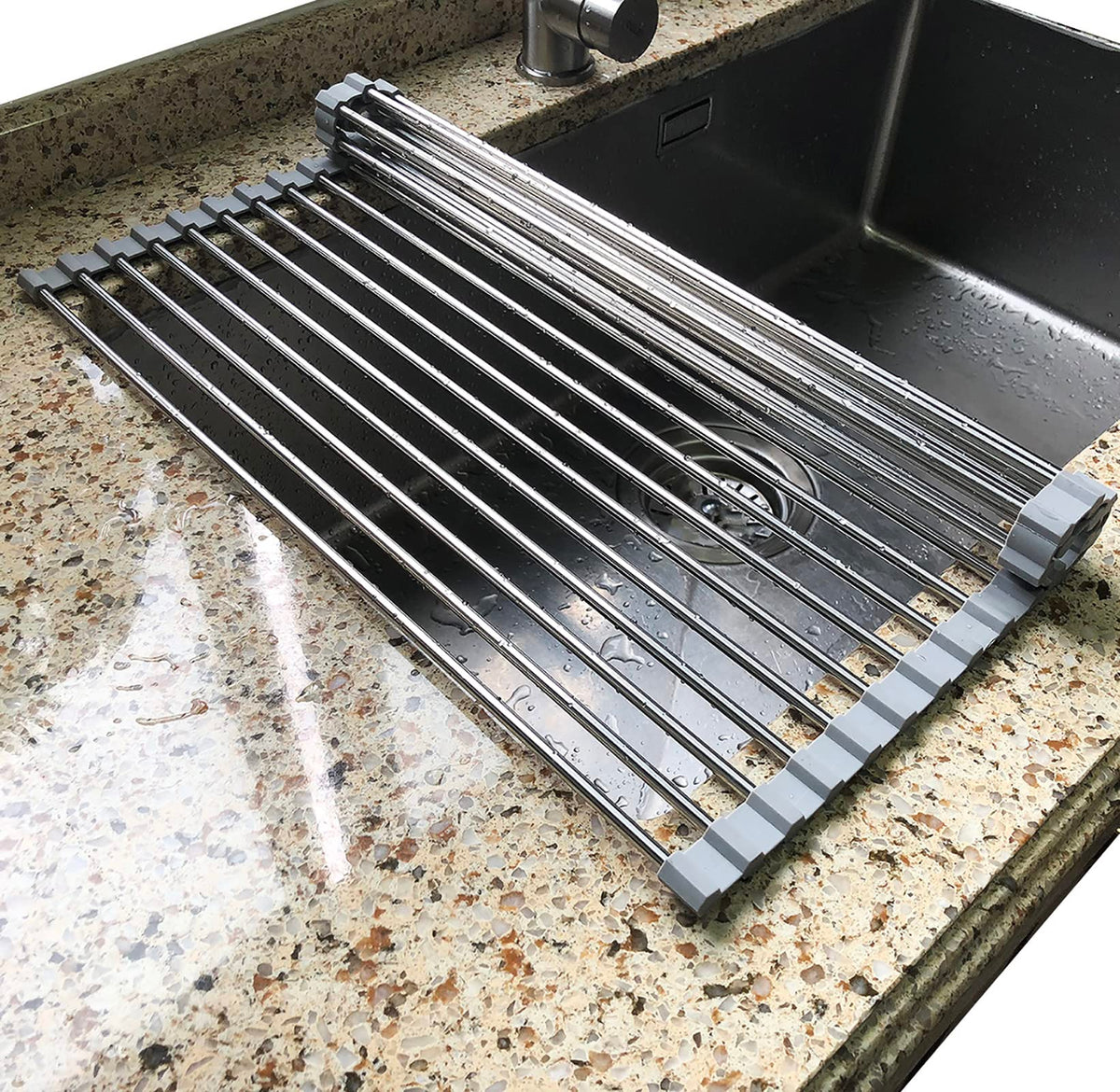 Tomorotec roll-up dish drying rack over sink for compact, organized drying.