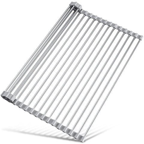 Tomorotec roll-up dish rack over sink with rust-resistant steel and silicone edges