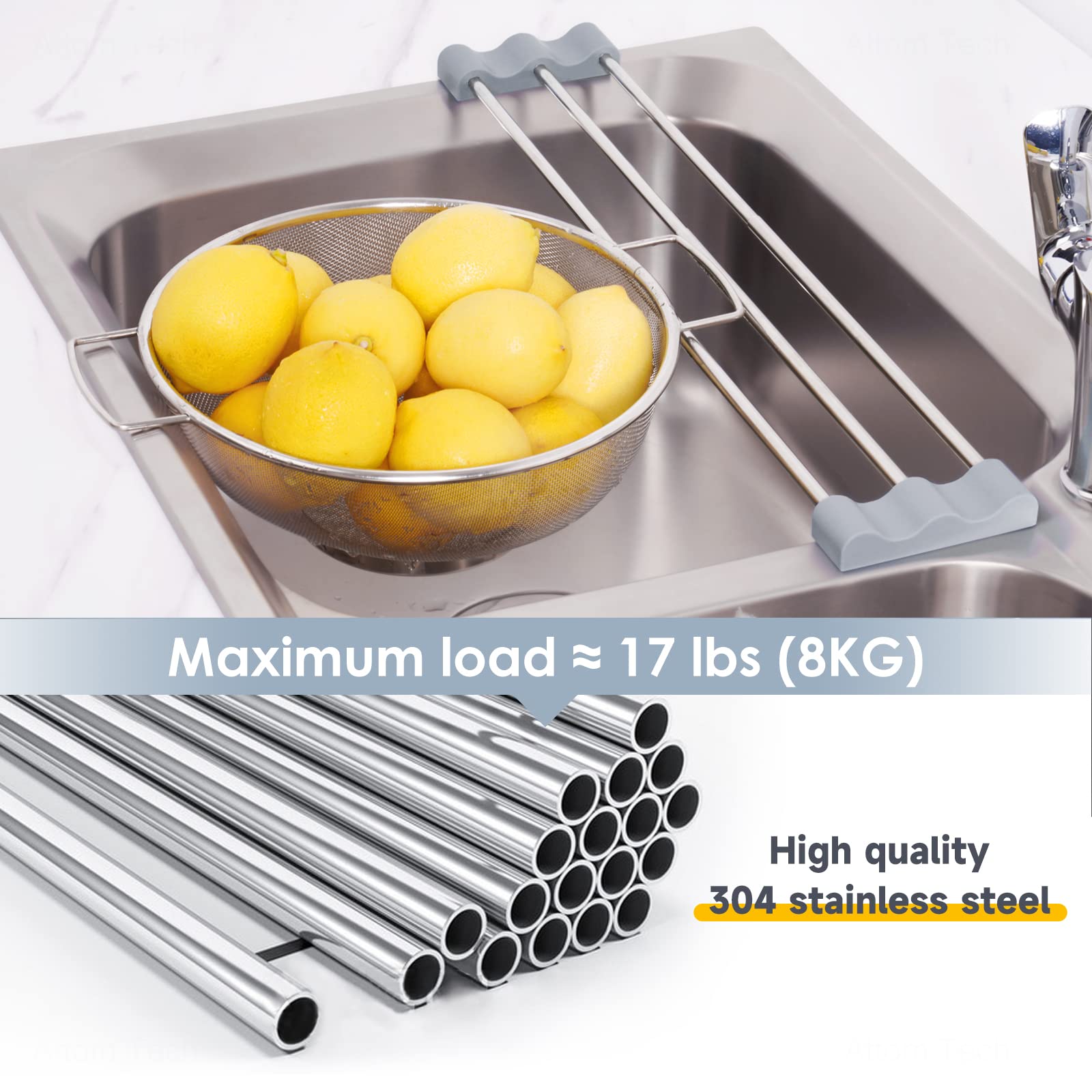 Tomorotec stainless steel rack with silicone ends drains dishcloths safely.