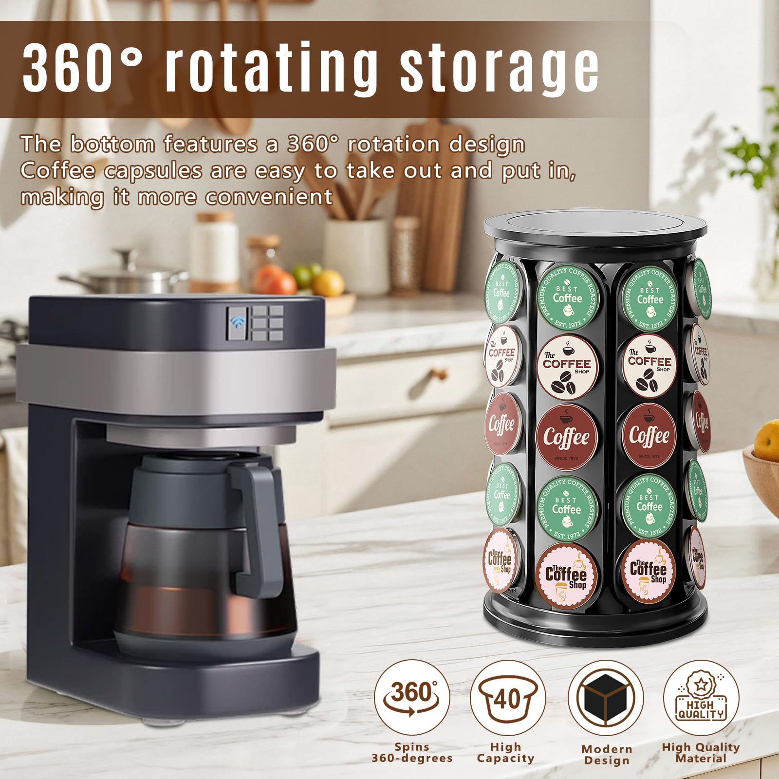 Tomshub K-Cup Holder compact vertical design saves counter space.