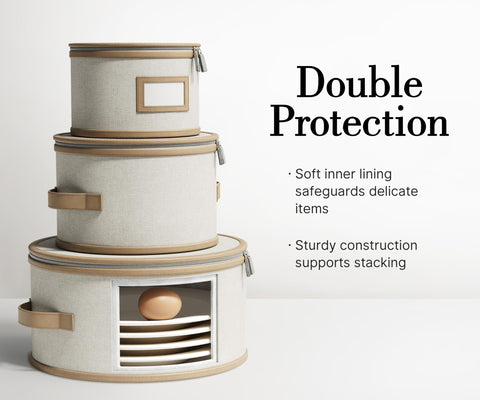 TomVista quilted interior storage with dividers cushions delicate dinnerware while stored.