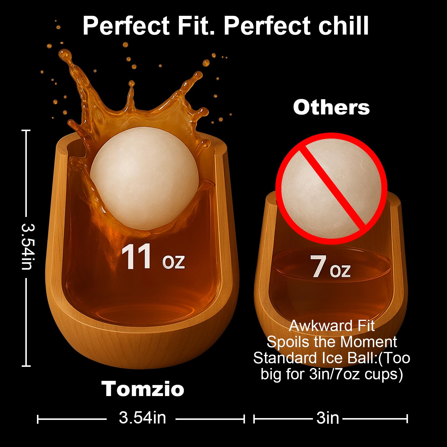 Tomzio full glass with ice ball demonstrates extended chill.