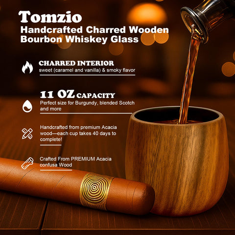 Tomzio hand-charred acacia glass close-up shows craftsmanship and texture