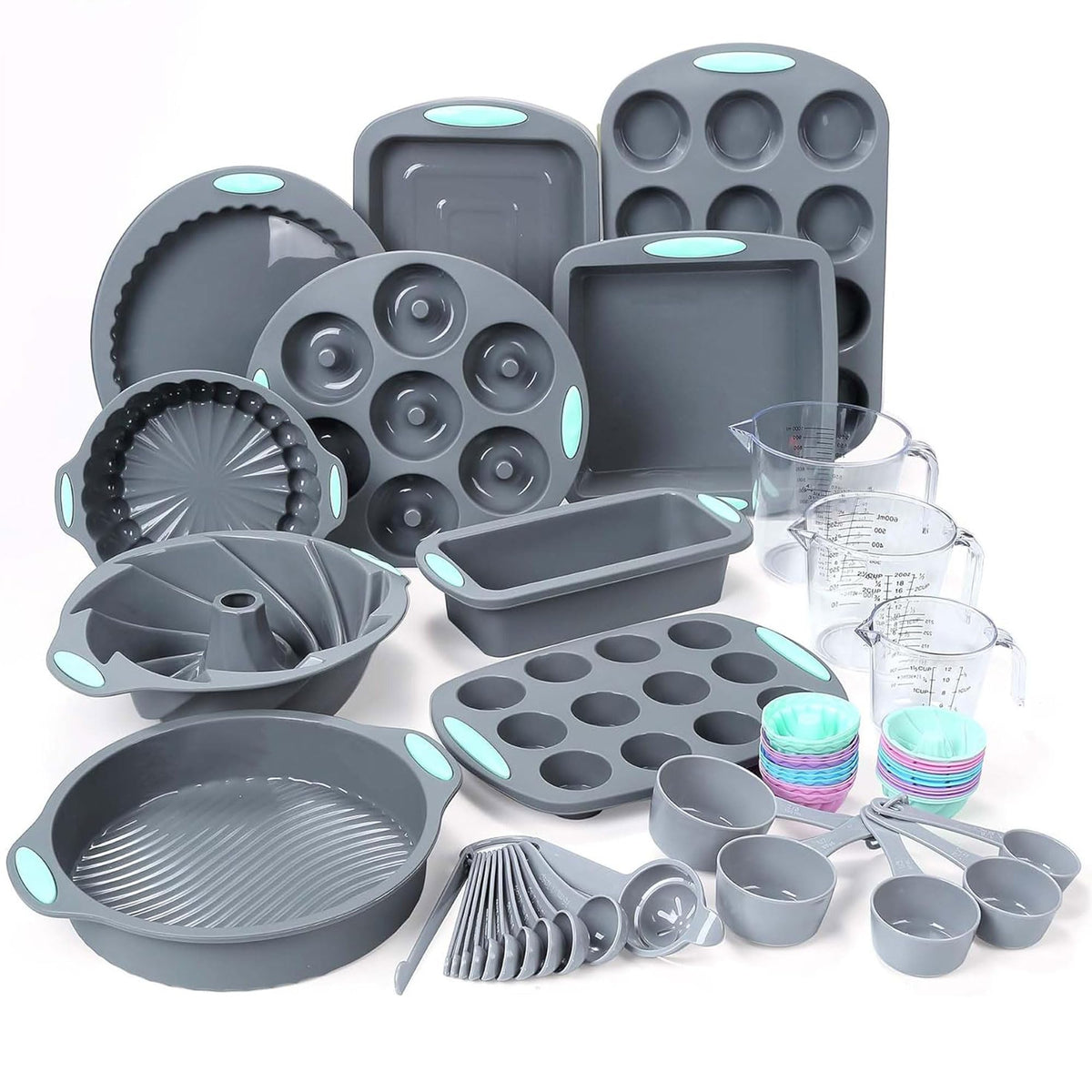 Tongjude 54-piece silicone baking pans set for even, mess-free baking.