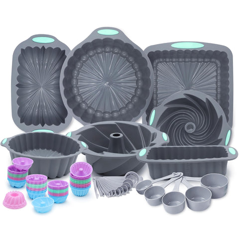 Tongjude silicone bakeware set shows flexible nonstick surface for easy release.