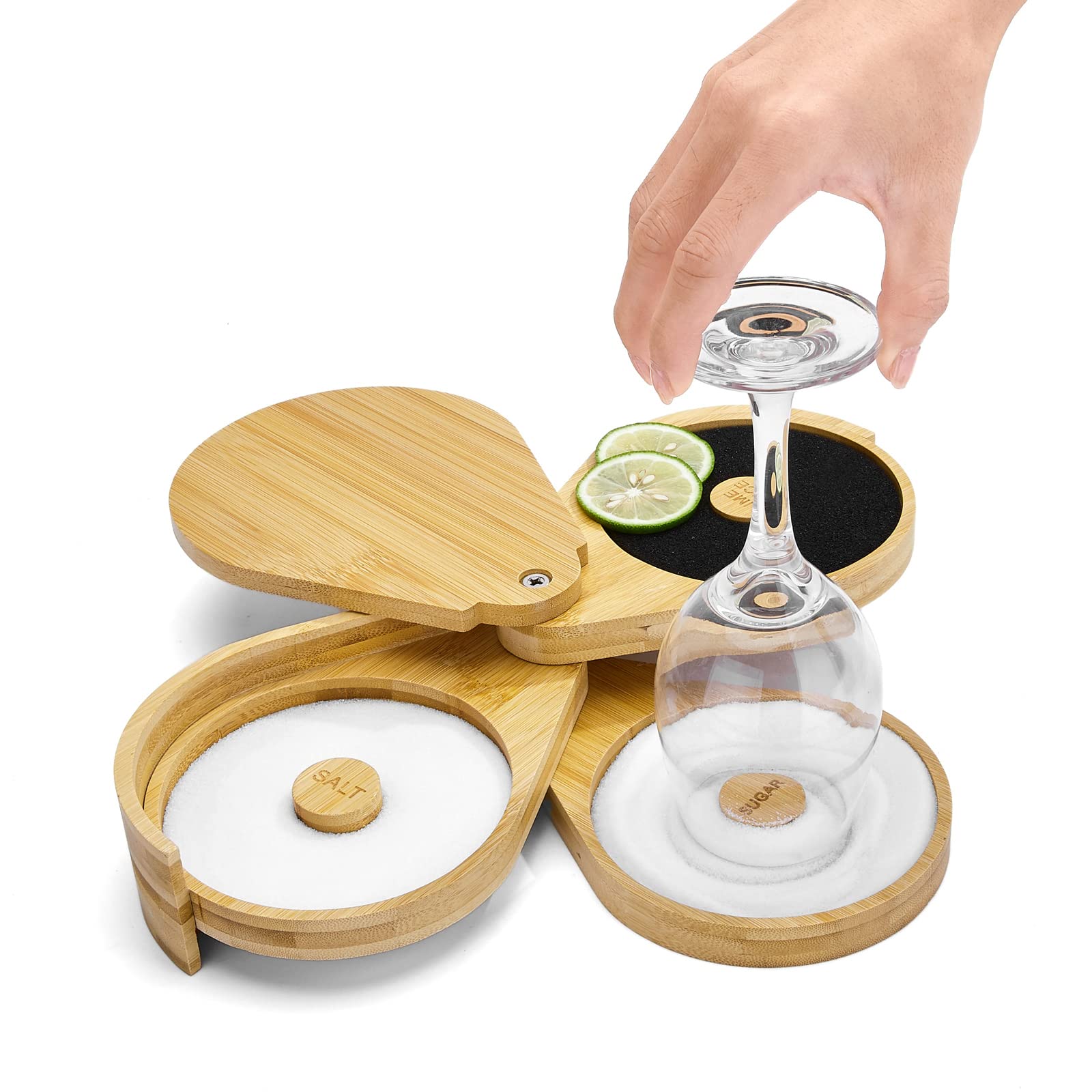 TonJin Margarita Salt Rimmer Set in three-tier bamboo design for organized rimming.
