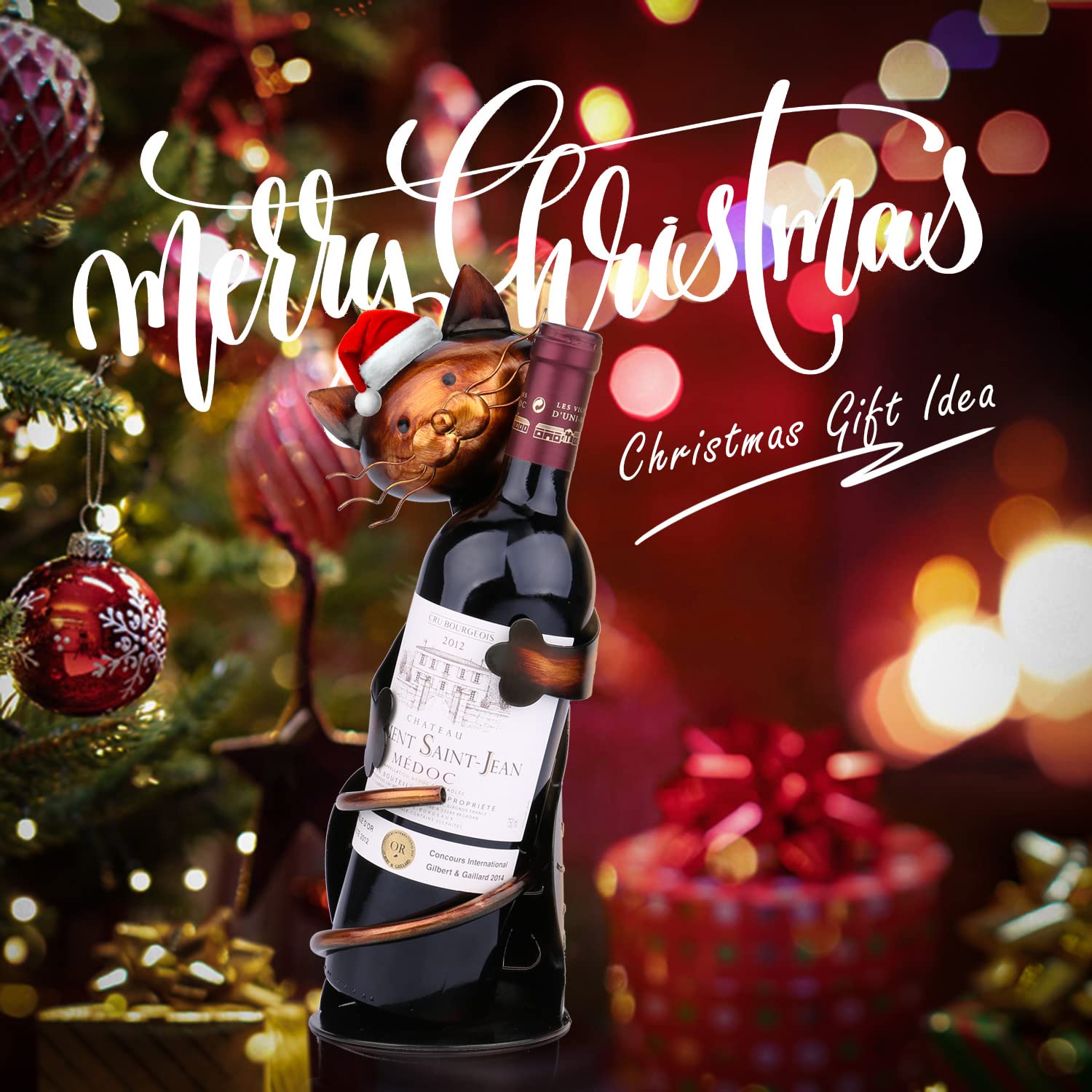 Tooarts cat shaped wine holder on kitchen countertop, convenient bottle display.
