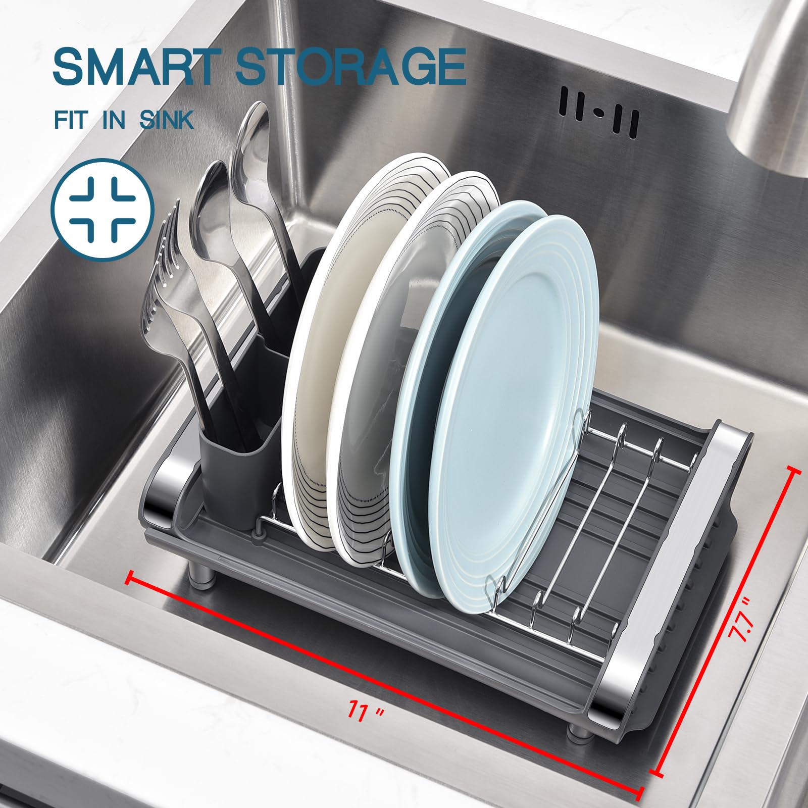 TOOLF stainless steel plate rack with rubber feet for stability.