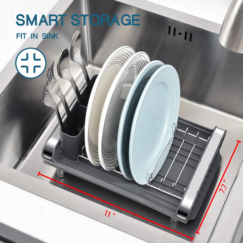 TOOLF stainless steel plate rack with rubber feet for stability.