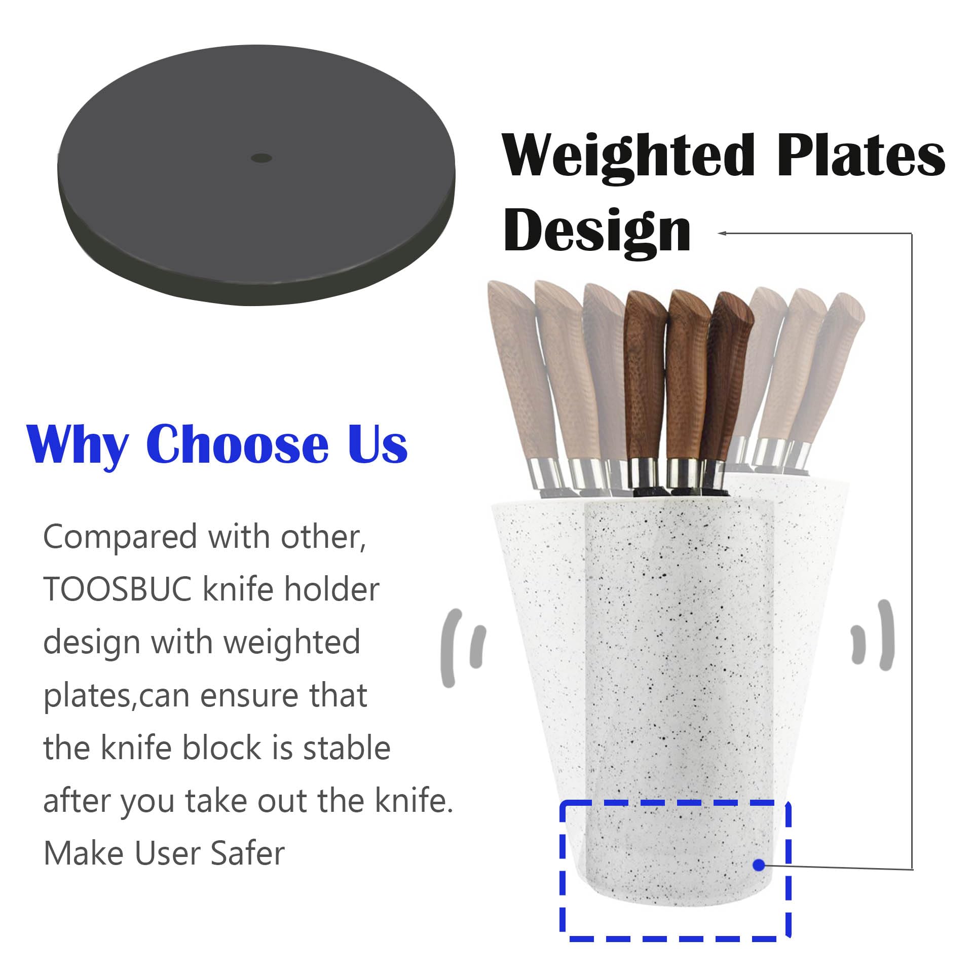 Toosbuc Round Knife Holder base stability demonstrates a wobble-free countertop organizer.