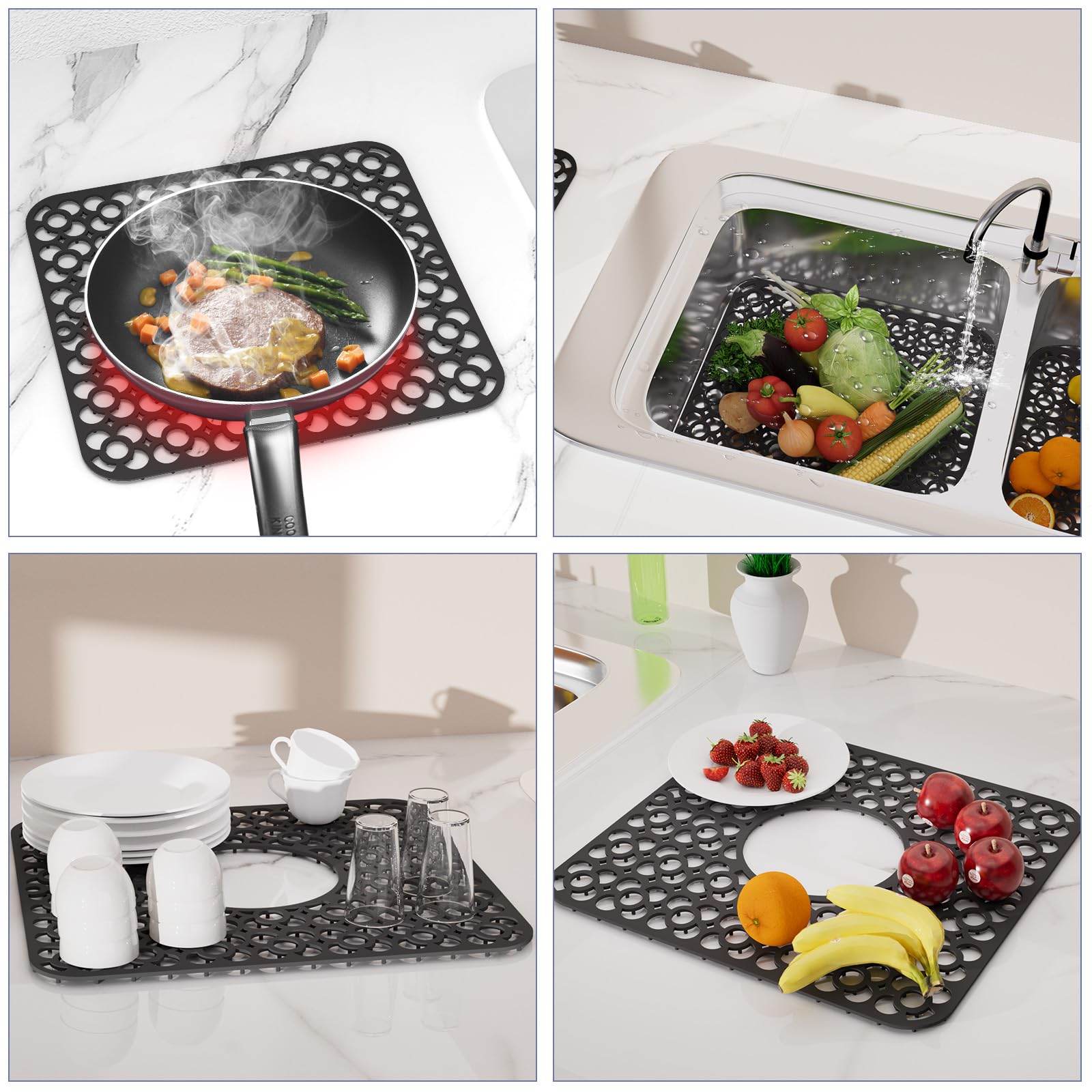 TOOVEM silicone sink mat protects against scratches and clutter.