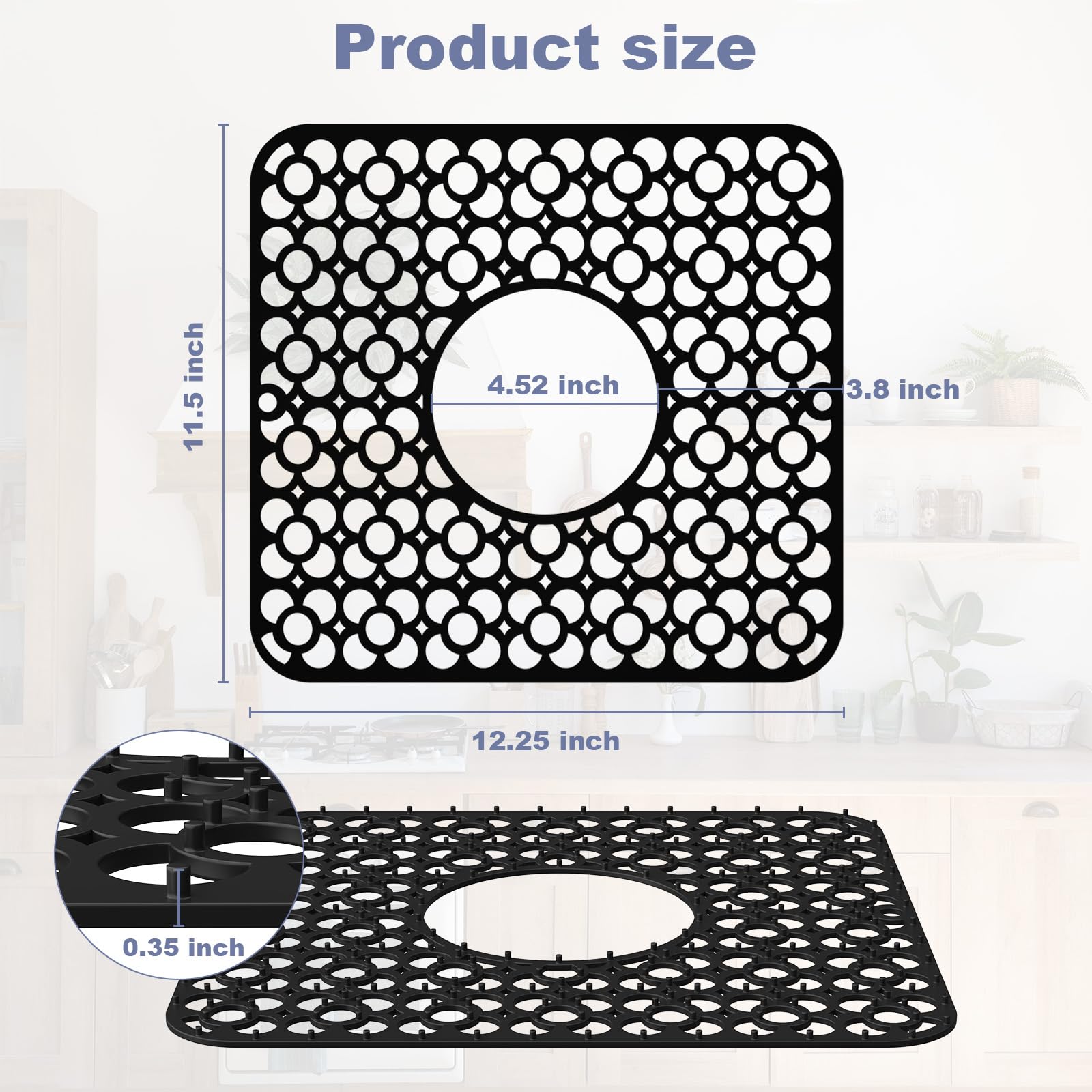 TOOVEM silicone sink mat showing raised feet for stability and drainage.