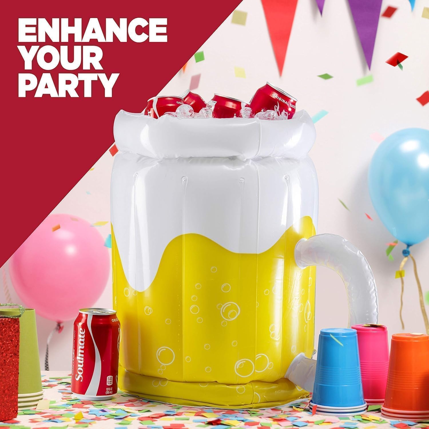 Top Race twin-pack beer mug coolers brighten bachelor party decorations by pool.