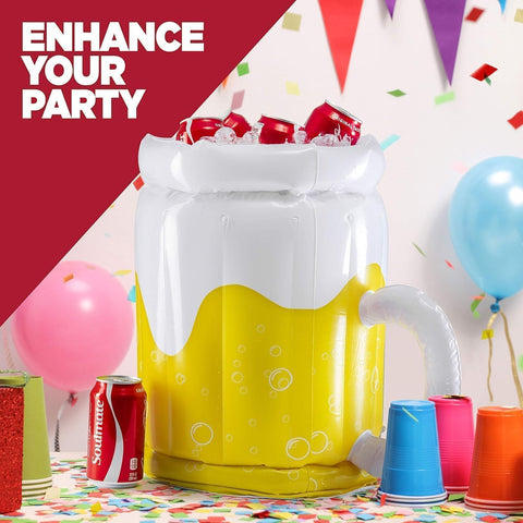 Top Race twin-pack beer mug coolers brighten bachelor party decorations by pool.