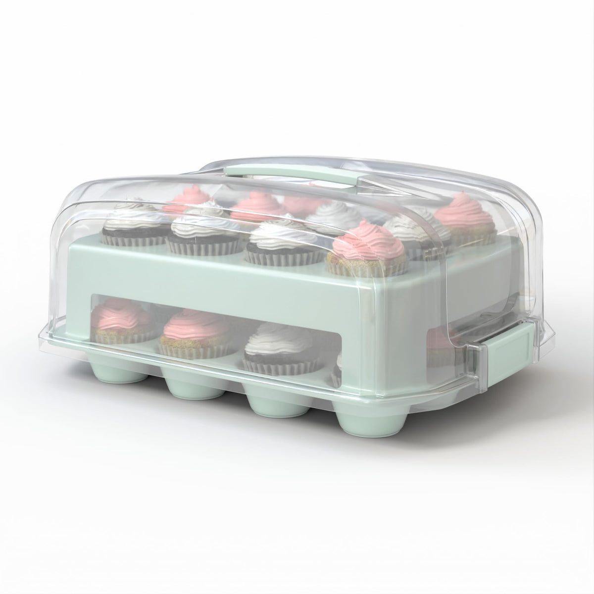 Top Shelf Elements cupcake carrier with extra tall lid in green, front view.