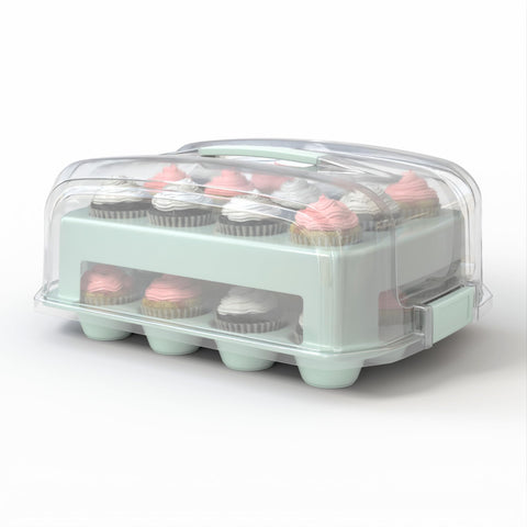 Top Shelf Elements cupcake carrier with extra tall lid in green, front view.