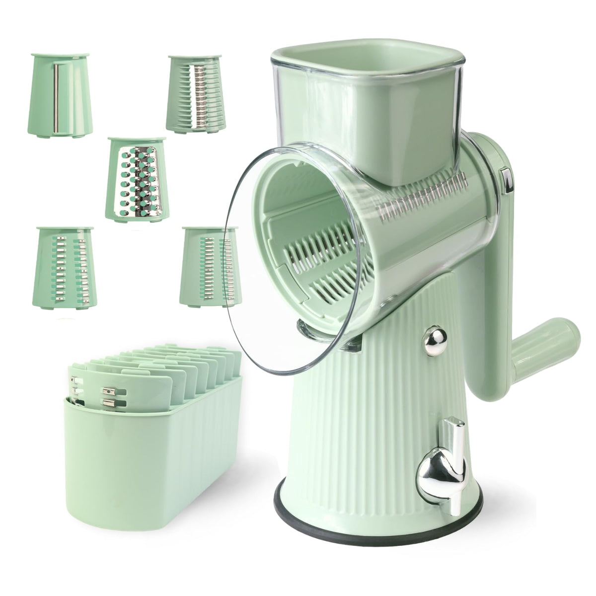 TOPAA rotary cheese grater with handle in green offers quick shredding for ingredients.
