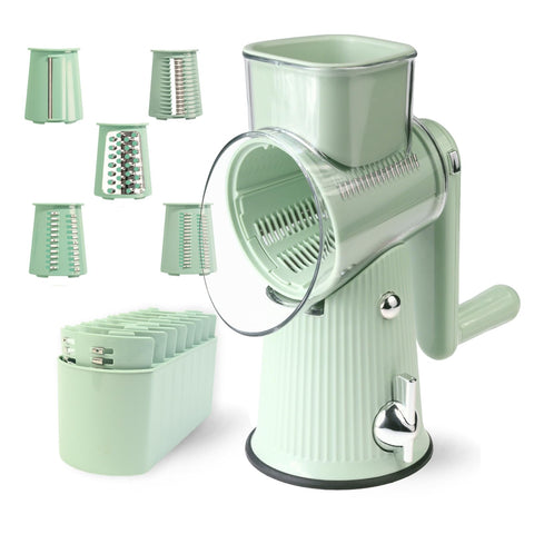 TOPAA rotary cheese grater with handle in green offers quick shredding for ingredients.