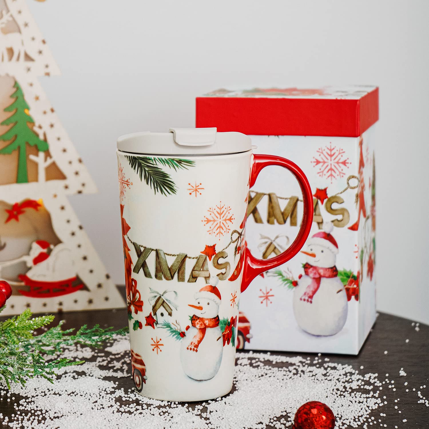Topadorn Christmas ceramic mug with sealed lid keeps drinks warm and spill-free