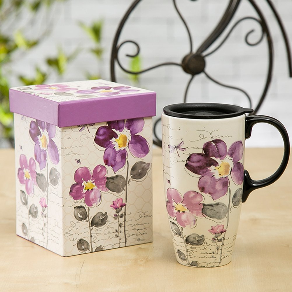 Purple flower Topadorn mug close-up – vibrant design for daily tea or coffee ritual.