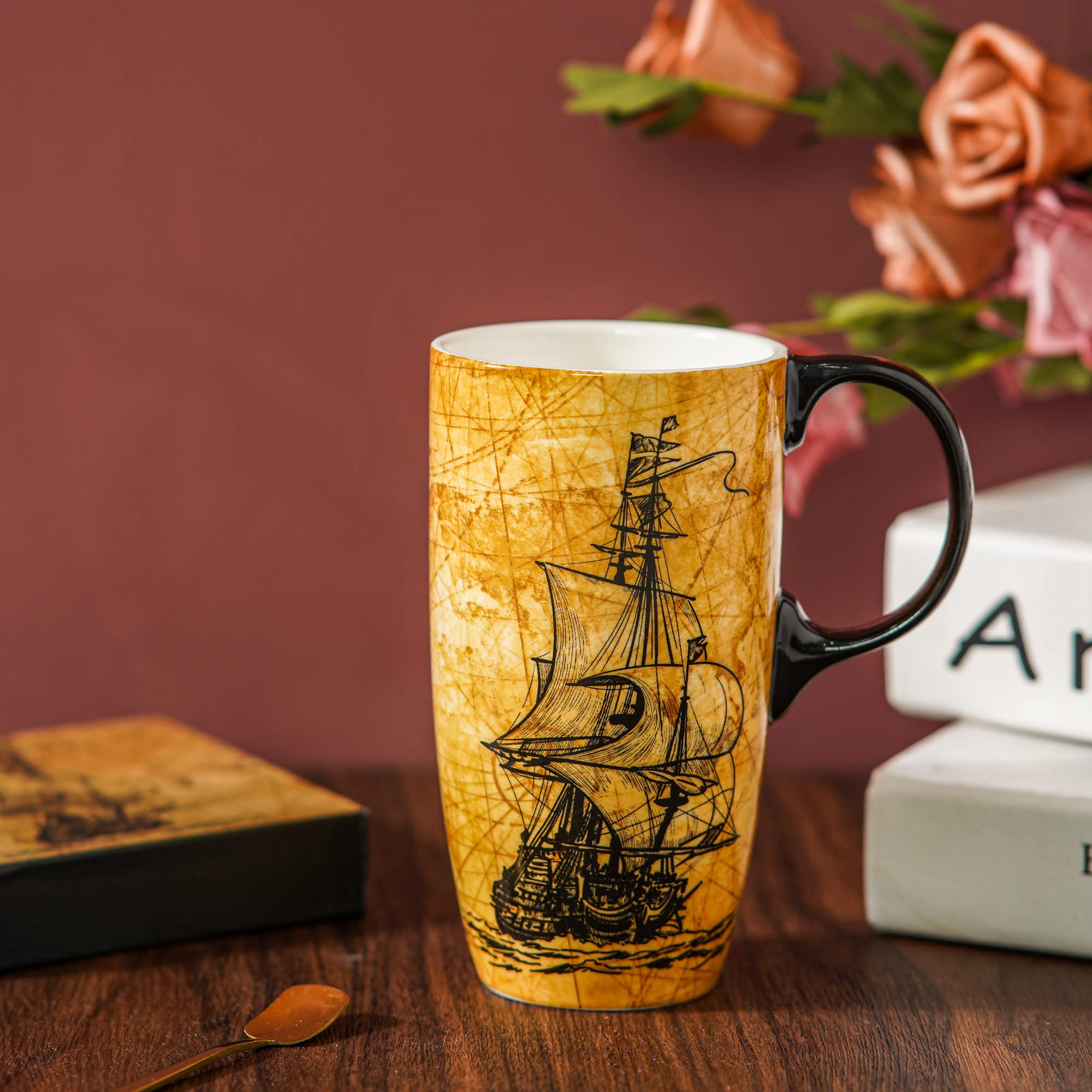 Topadorn sailing-ship mug pattern detail adds artful charm to daily coffee.