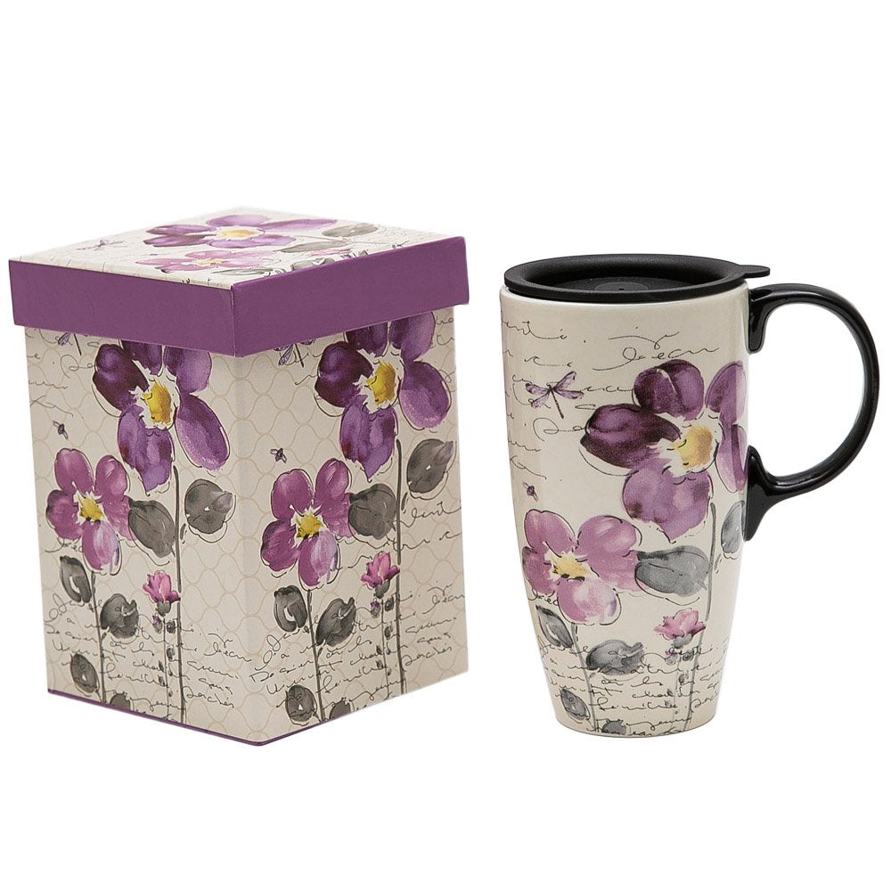 Topadorn tall ceramic travel mug with purple flower lid – ideal for hot beverages on the go.