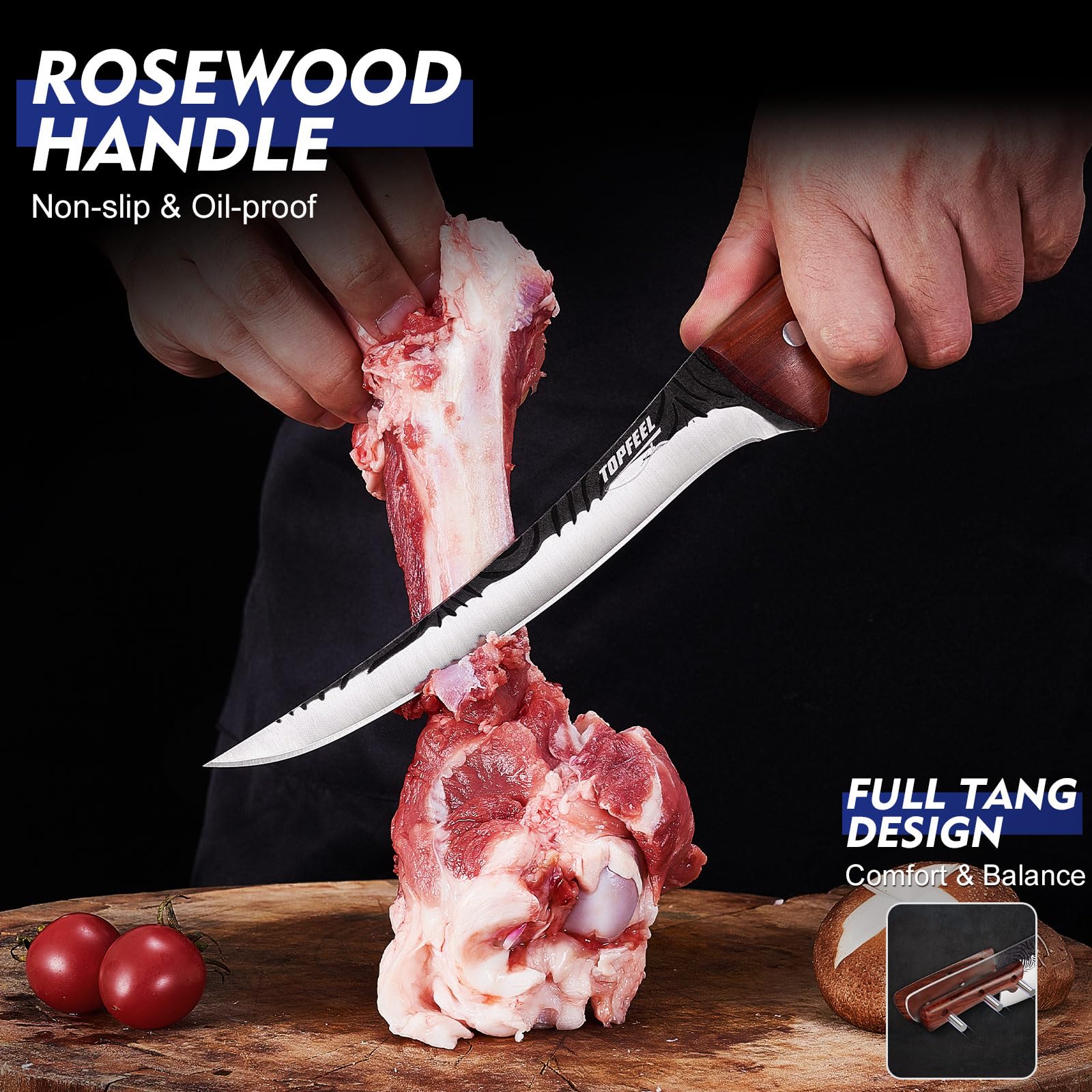 Topfeel boning knife 7.5in blade detail for clean deboning.
