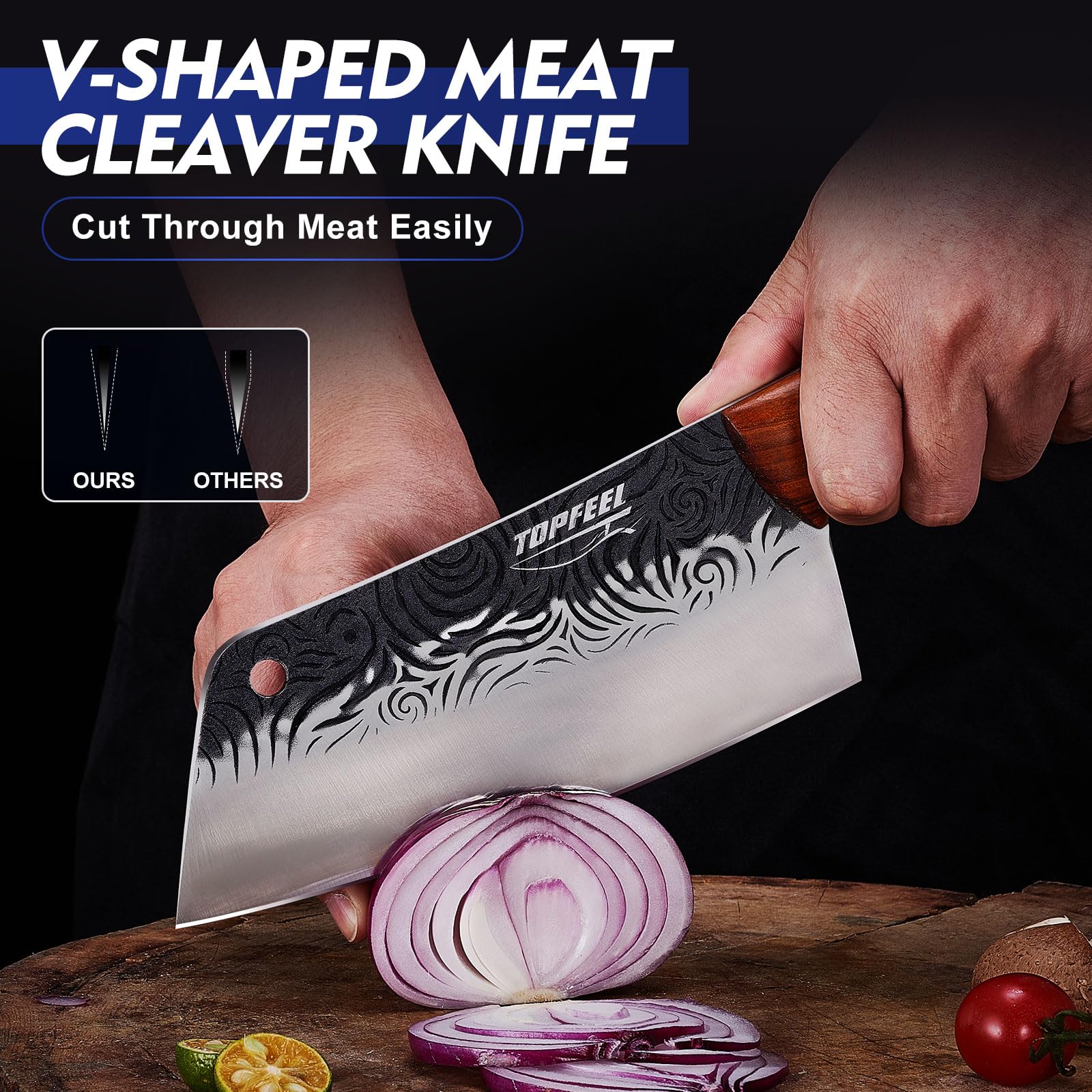 Topfeel butcher knife 8in full tang rosewood handle offers balanced control.
