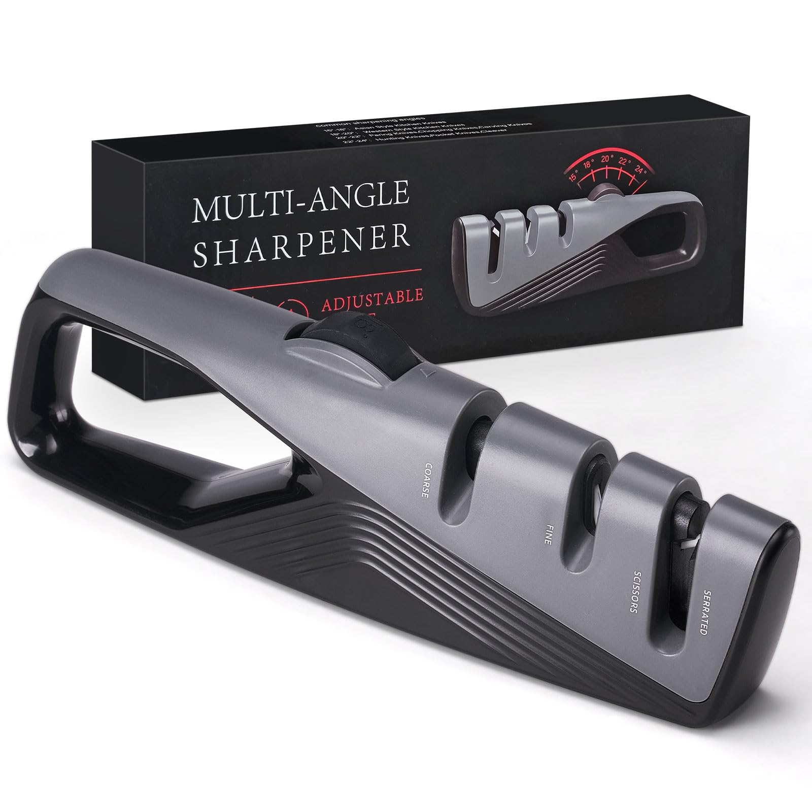 Topfeel knife sharpener demonstrates five adjustable angles for precise edge tuning.