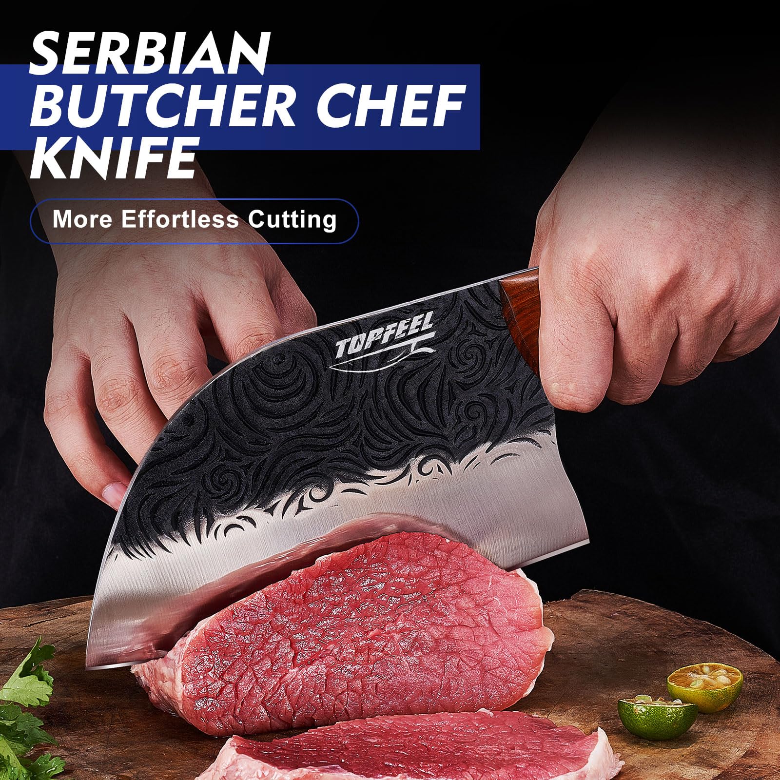 Topfeel meat cleaver 7.5in heavy blade demonstrates robust cutting power.