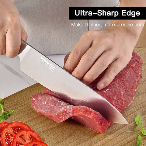 Topfeel 7-inch santoku knife versatile blade for vegetables and meat.