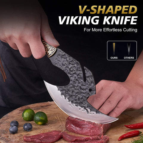 Topfeel Viking Knife curved blade ideal for swift meat slicing during prep.