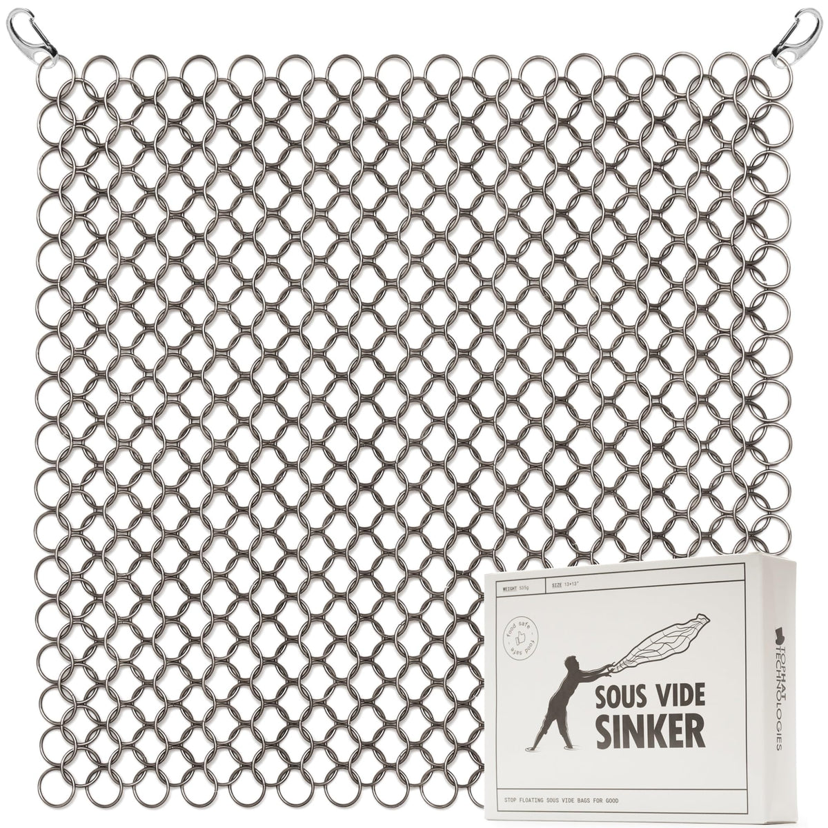 TopHat Sous Vide Sinker close-up shows chain-link net weight distribution for steady submersion.