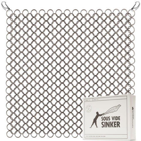TopHat Sous Vide Sinker close-up shows chain-link net weight distribution for steady submersion.