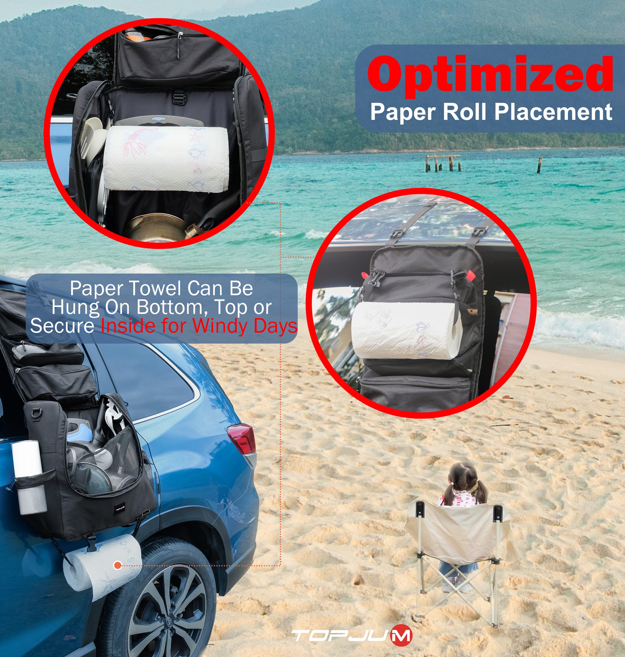TOPJUM hanging-hook-system offers versatile attachment for car doors or roof rails.
